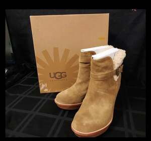 UGG Anais Chestnut Suede Shearling Wedge Ankle Boots Size 7.5